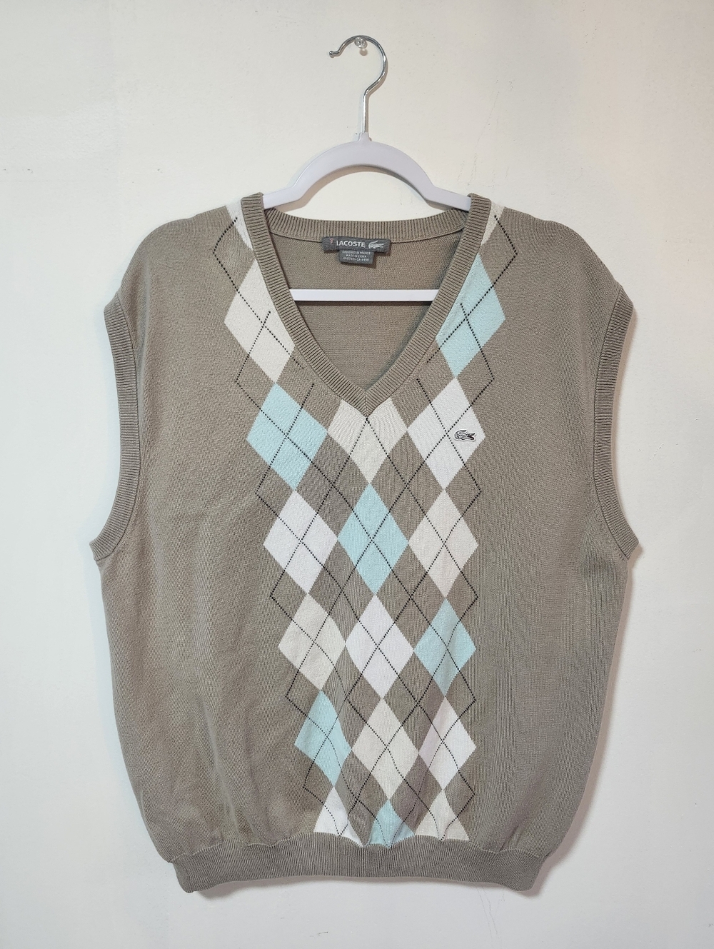 Lacoste Taupe Argyle V-Neck Sweater Vest with Light Blue & White